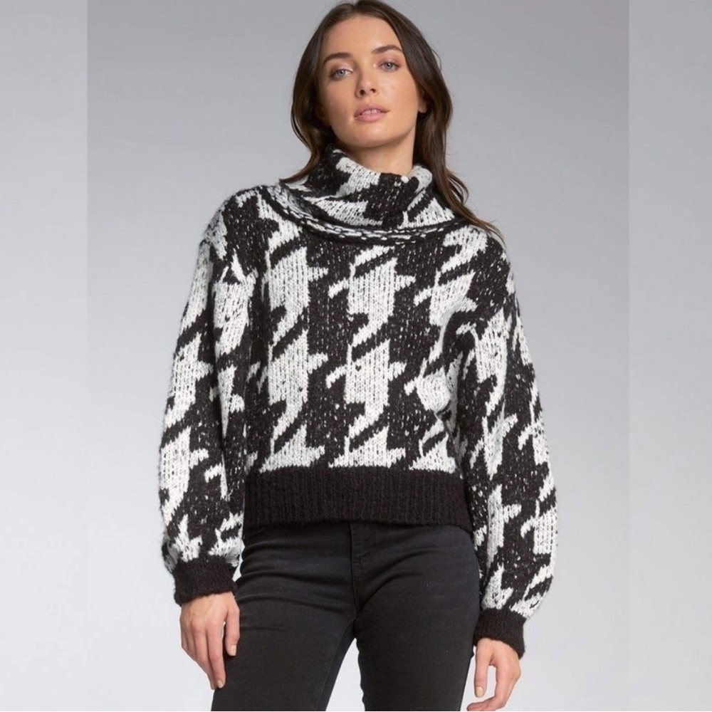 ELAN Houndstooth SWEATER Chunky Cowl Neck Balloon Slouch Sleeves Size MEDIUM